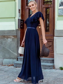 MIUSOL Lace Patchwork Butterfly Sleeve Pleated Chiffon Bridesmaid Dress - Navy Blue - View 4