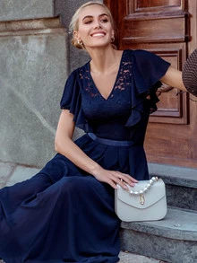 MIUSOL Lace Patchwork Butterfly Sleeve Pleated Chiffon Bridesmaid Dress - Navy Blue - View 5