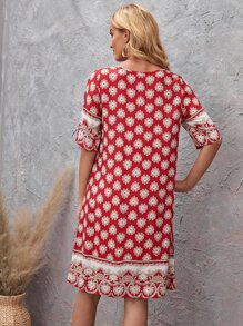 EMERY ROSE Vestido túnico con estampado floral de cuello con cordón - Rojo y blanco - Ver 2