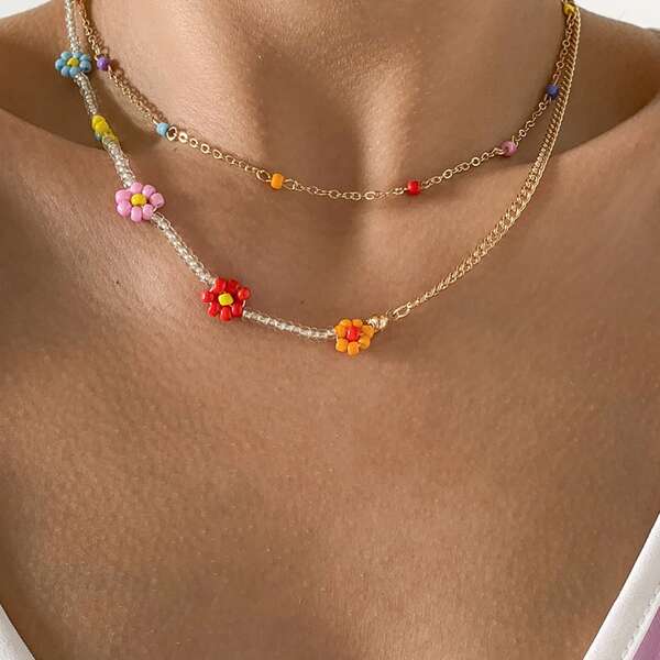

2pcs Flower Decor Necklace, Multicolor