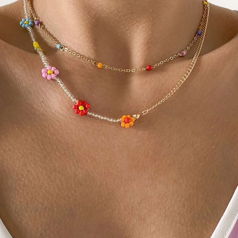 

2pcs Floral Beaded Necklace, Multicolor