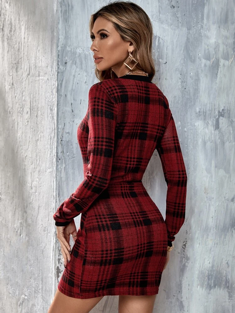 Plaid Button Bodycon Dress | SHEIN USA