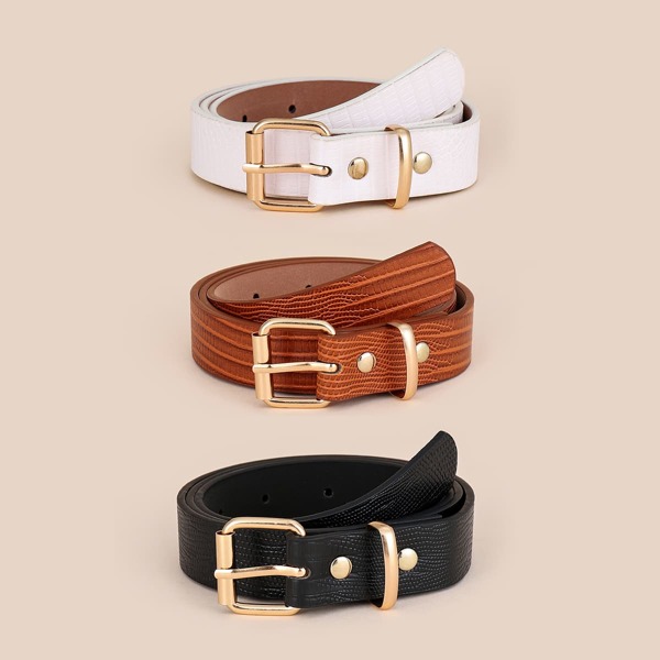 

3pcs Square Buckle Belt With Hole Punch, Multicolor