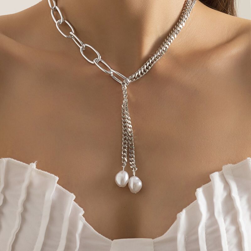 

Faux Pearl Decor Chain Necklace, Silver
