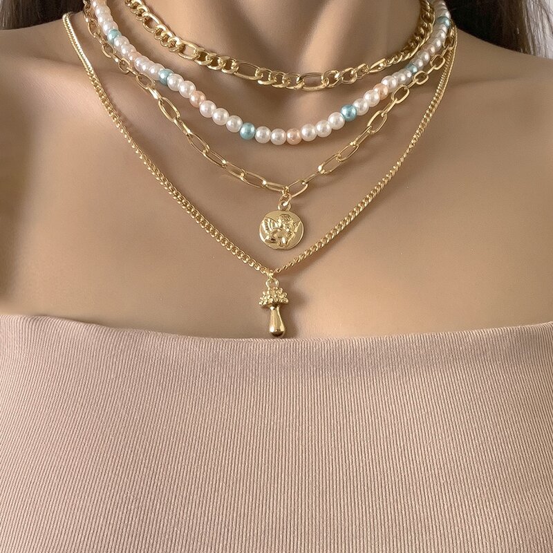 

4pcs Mushroom Pendant Chain Necklace, Gold