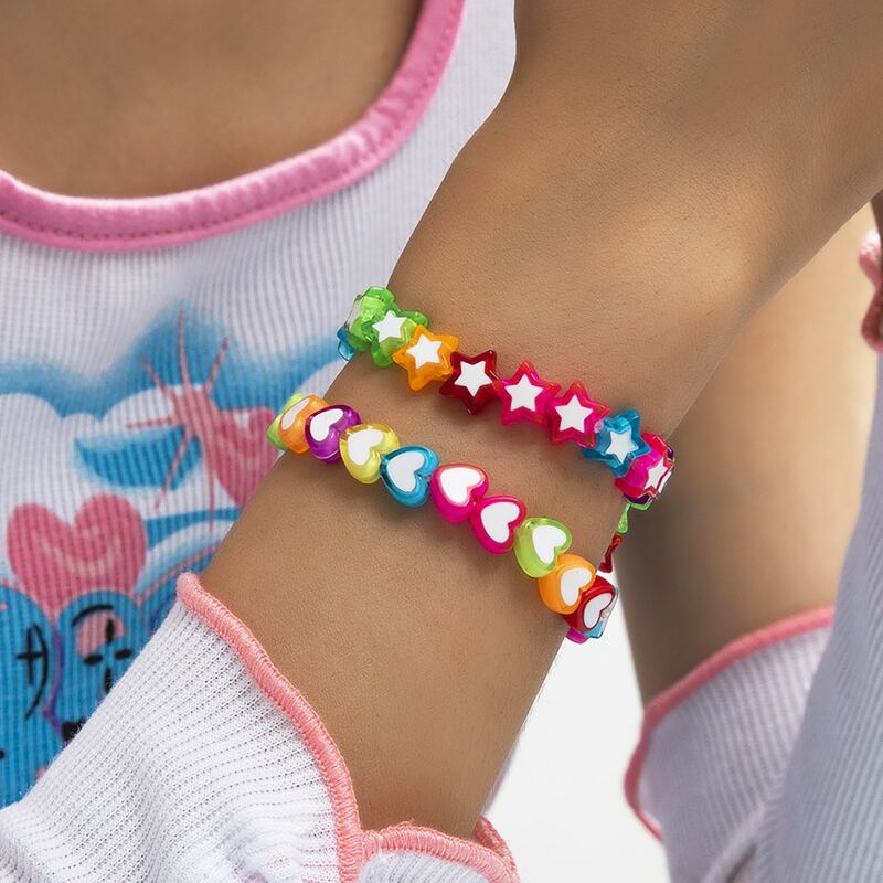 

2pcs Heart & Star Beaded Bracelet, Multicolor
