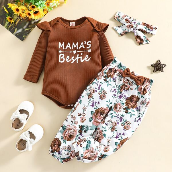 

Baby Letter Graphic Bodysuit & Floral Print Bow Front Pants & Headband, Multicolor