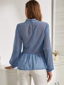 Áo sơ mi nữ Nút Tương phản ren Cắt ra Viên lá sen cắt màu trơn Boho - Màu xanh bụi bặm - Xem 2