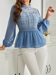 Áo sơ mi nữ Nút Tương phản ren Cắt ra Viên lá sen cắt màu trơn Boho - Màu xanh bụi bặm - Xem 3