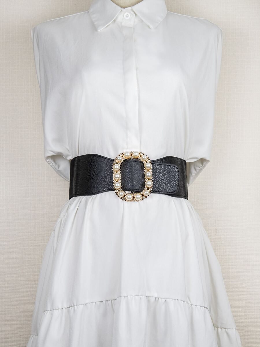 Faux Pearl Decor Corset Belt - Black - View 1