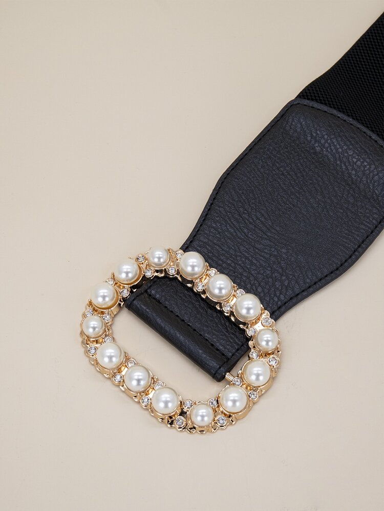 Faux Pearl Decor Corset Belt - Black - View 5