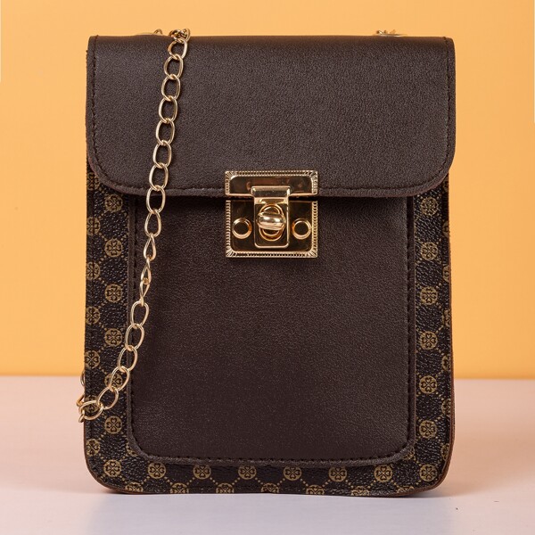 

Graphic Print Twist Lock Chain Crossbody Bag, Brown