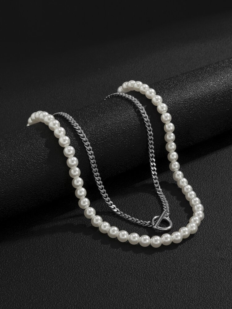 2pcs Men Faux Pearl Decor Necklace