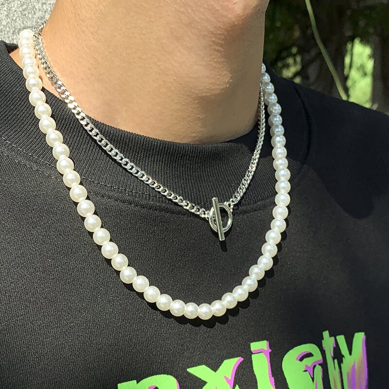 

Guys 2pcs Faux Pearl Decor Necklace, Silver