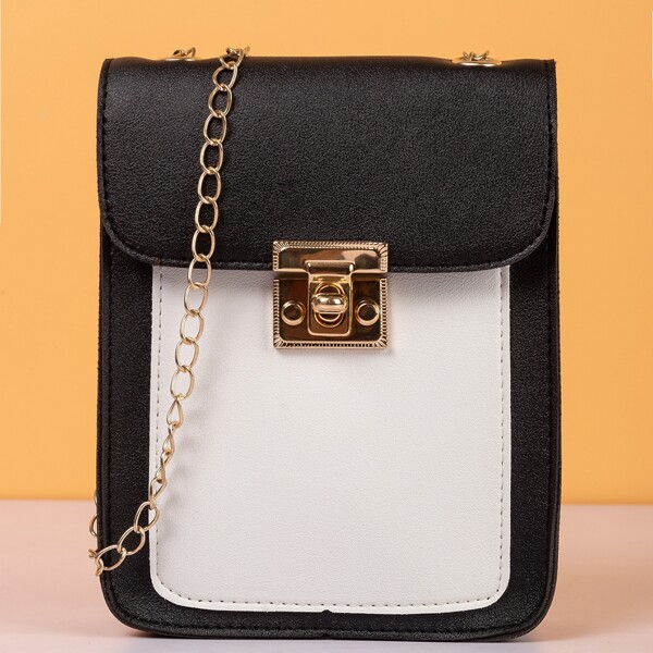

Two Tone Twist Lock Chain Crossbody Bag, Black and white