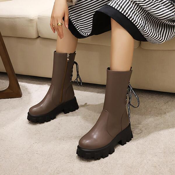 

Minimalist Side Zip Tie Back Wedge Boots, Khaki