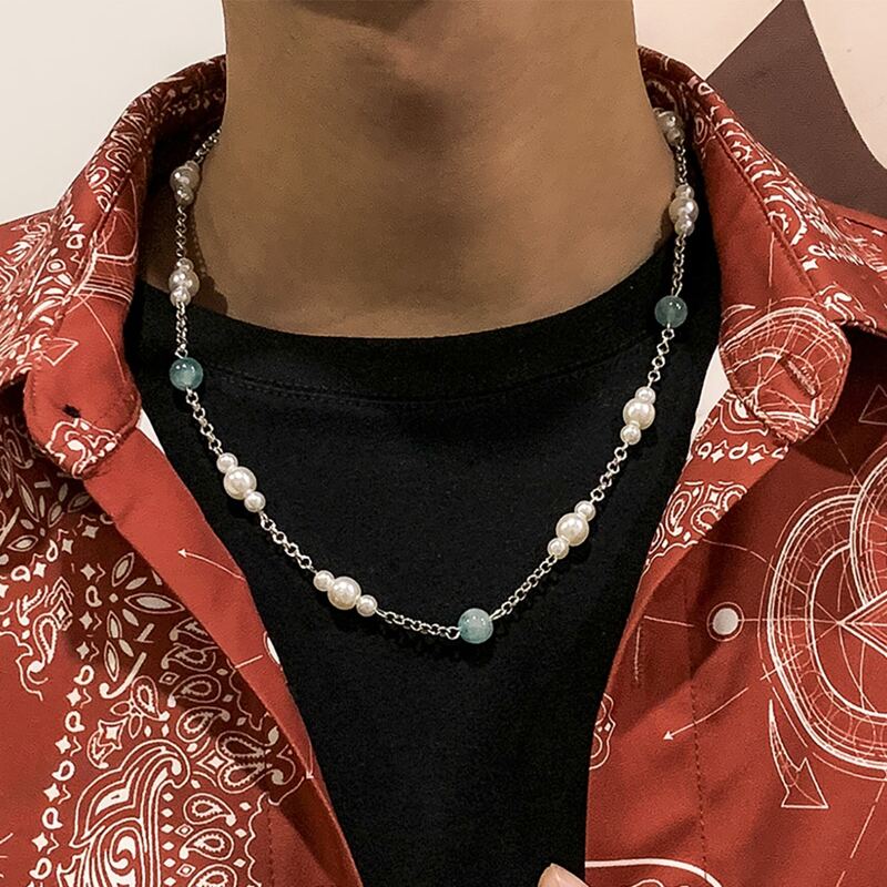 

Guys Faux Pearl Chain Necklace, Silver