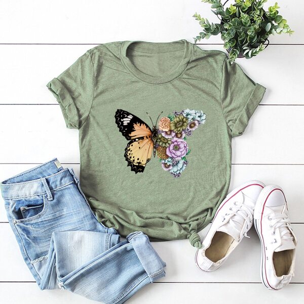 

Plus Butterfly And Flower Print Tee, Green