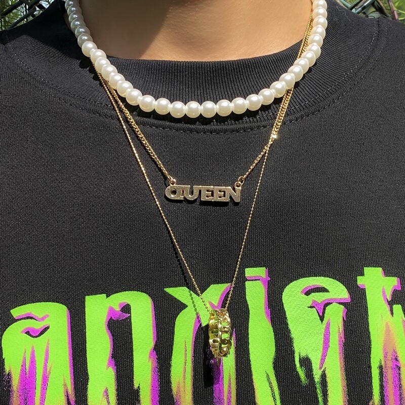 

Guys 2pcs Letter & Faux Pearl Decor Necklace, Gold