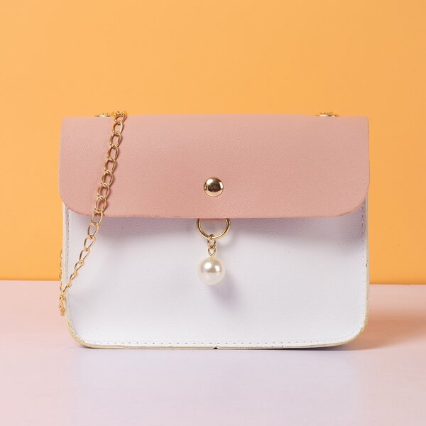 

Two Tone Faux Pearl Decor Chain Crossbody Bag, Pink