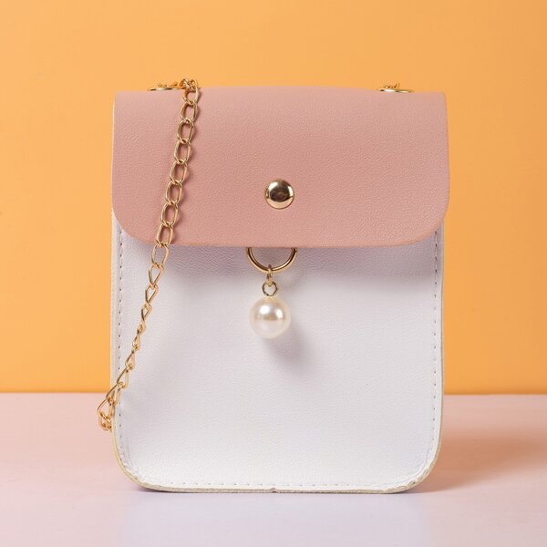 

Faux Pearl Decor Flap Chain Square Bag, Pink