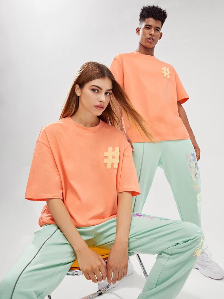 1pc Loose Fit T-Shirt With Patchwork And Drop Shoulder Detail