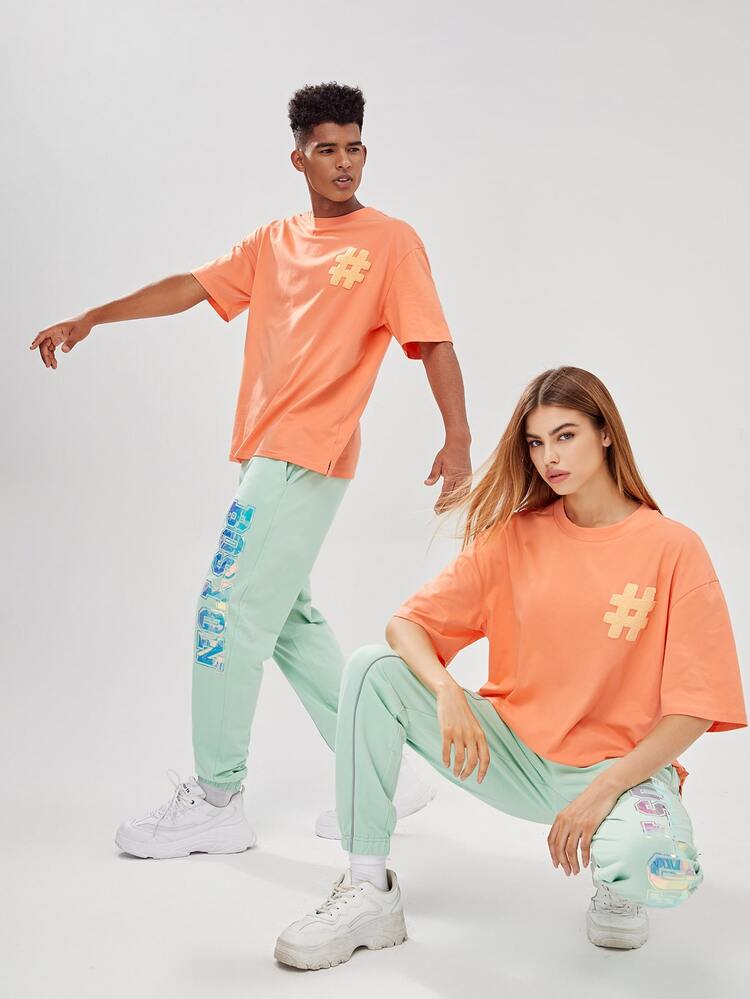 1pc Loose Fit T-Shirt With Patchwork And Drop Shoulder Detail