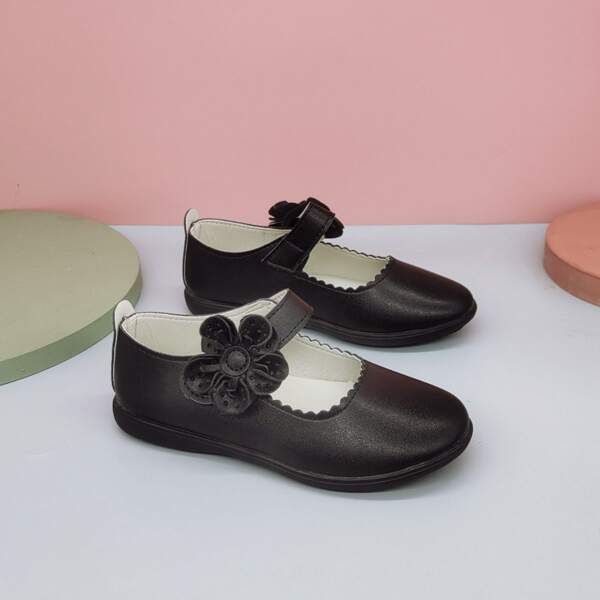 

Girls Floral Decor Velcro Strap Flats, Black