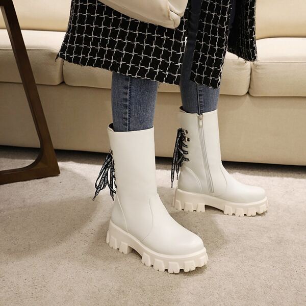

Minimalist Side Zip Tie Back Wedge Boots, White