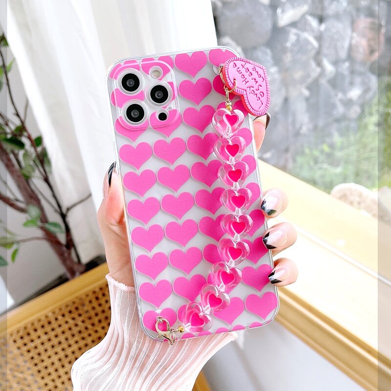 

Heart Pattern Phone Case With Heart Beaded Hand Strap, Multicolor