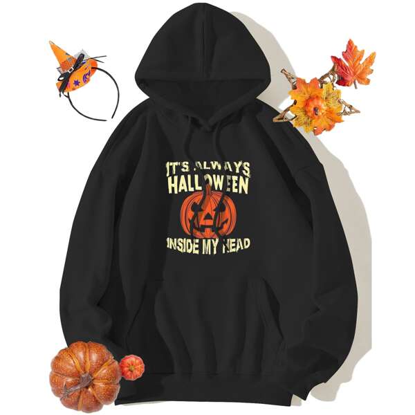 

Plus Halloween Slogan Graphic Kangaroo Pocket Drawstring Hoodie, Black