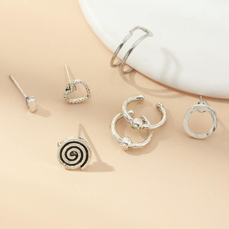 

7pcs Heart Decor Earrings, Silver