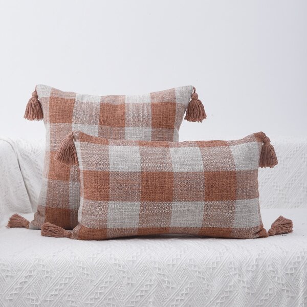 

1pc Tassel Decor Plaid Print Cushion Cover Without Filler, Multicolor