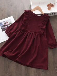 Vestido Infantil De Pana Con Vestido De Manga Larga Para Niñas Pequeñas - Burdeos - Ver 1