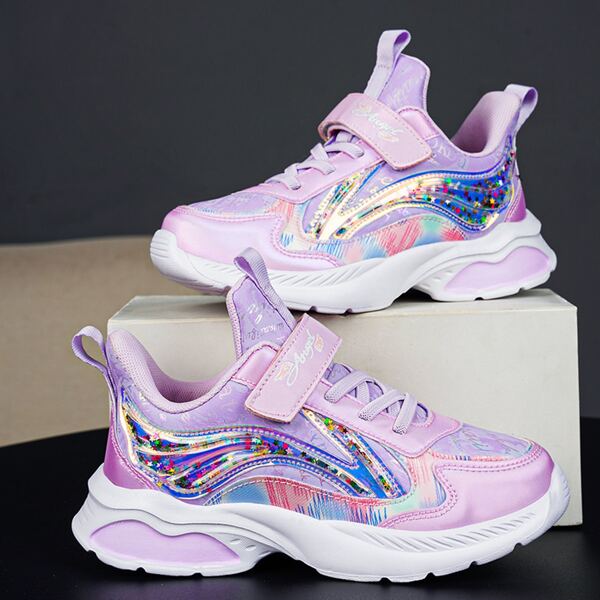 

Girls Letter Graphic Sequin Decor Velcro Strap Sneakers, Multicolor