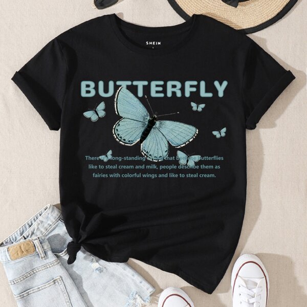 

Slogan And Butterfly Print Tee, Black