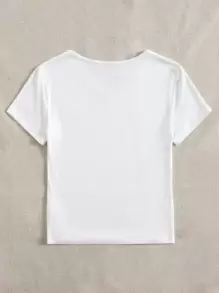 SHEIN EZwear Women's Solid Color V-Neck Short Sleeve Casual Ribbed T-Shirt - White - View 2