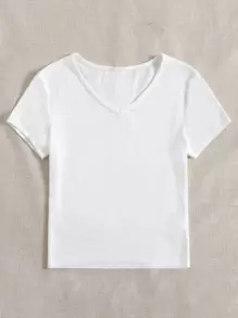 SHEIN EZwear Women's Solid Color V-Neck Short Sleeve Casual Ribbed T-Shirt - White - View 3