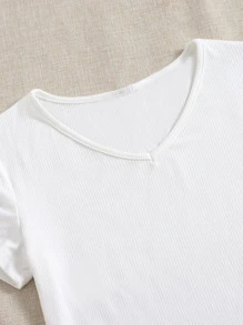 SHEIN EZwear Women's Solid Color V-Neck Short Sleeve Casual Ribbed T-Shirt - White - View 4