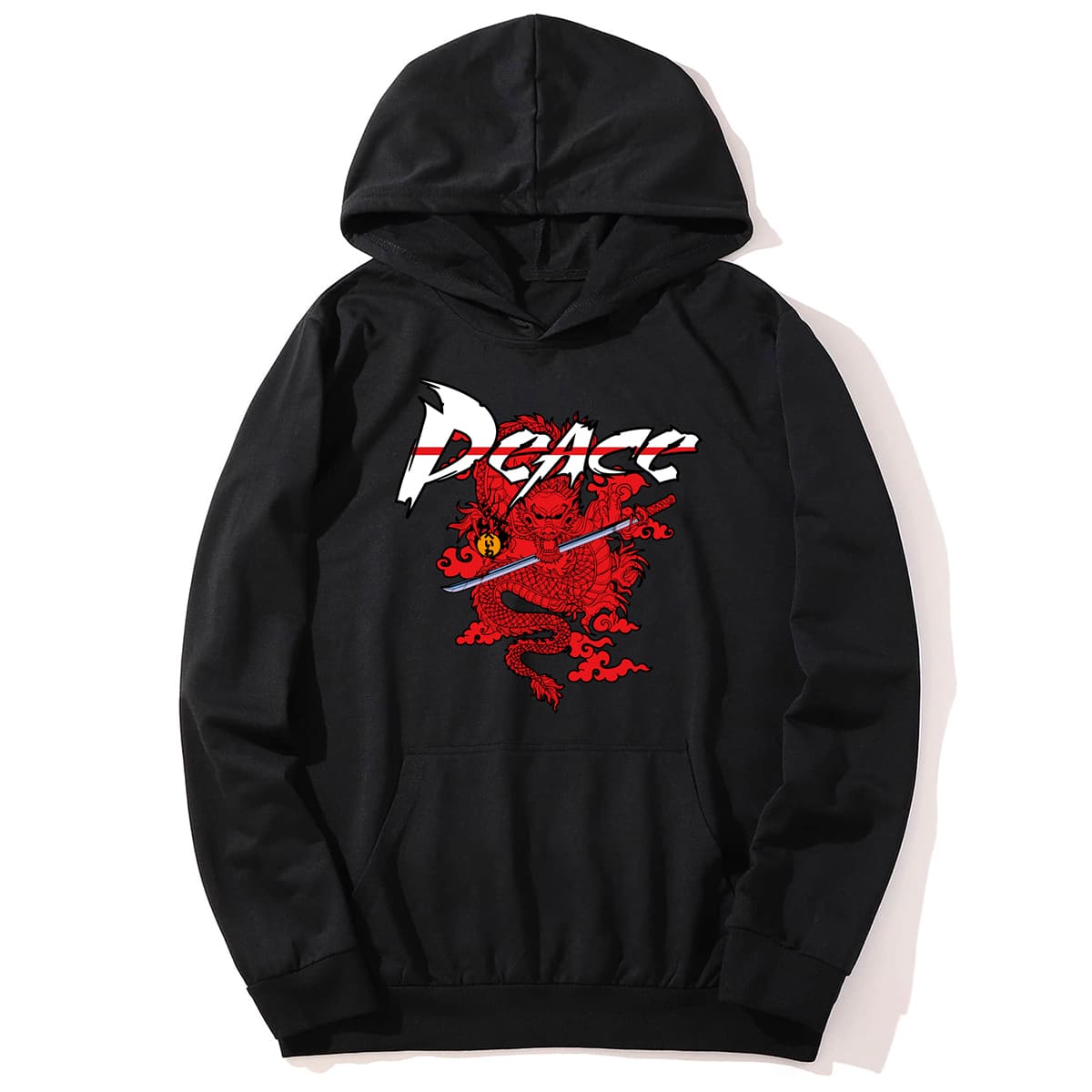

Guys Letter Chinese Dragon Graphic Pocket Hoodie, Black