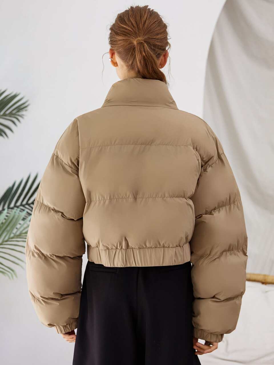 Zipper Up Elastic Hem Crop Puffer Thick Pockets Coat Jacket Winter