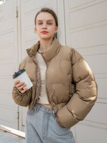 DAZY 拉链弹力下摆短款羽绒厚口袋外套冬季 - 駝色 - 查看 3