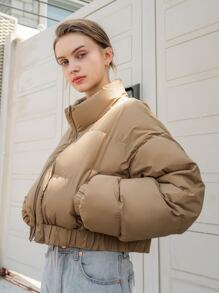 DAZY 拉链弹力下摆短款羽绒厚口袋外套冬季 - 駝色 - 查看 4