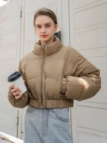 DAZY 拉链弹力下摆短款羽绒厚口袋外套冬季 - 駝色 - 查看 5