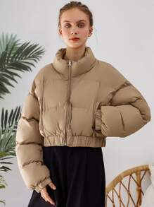 DAZY 拉链弹力下摆短款羽绒厚口袋外套冬季 - 駝色 - 查看 6