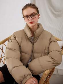 DAZY 拉链弹力下摆短款羽绒厚口袋外套冬季 - 駝色 - 查看 7