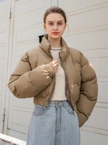 DAZY 拉链弹力下摆短款羽绒厚口袋外套冬季 - 駝色 - 查看 8