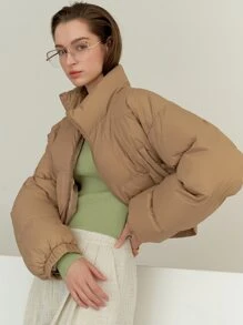 DAZY 拉链弹力下摆短款羽绒厚口袋外套冬季 - 駝色 - 查看 9