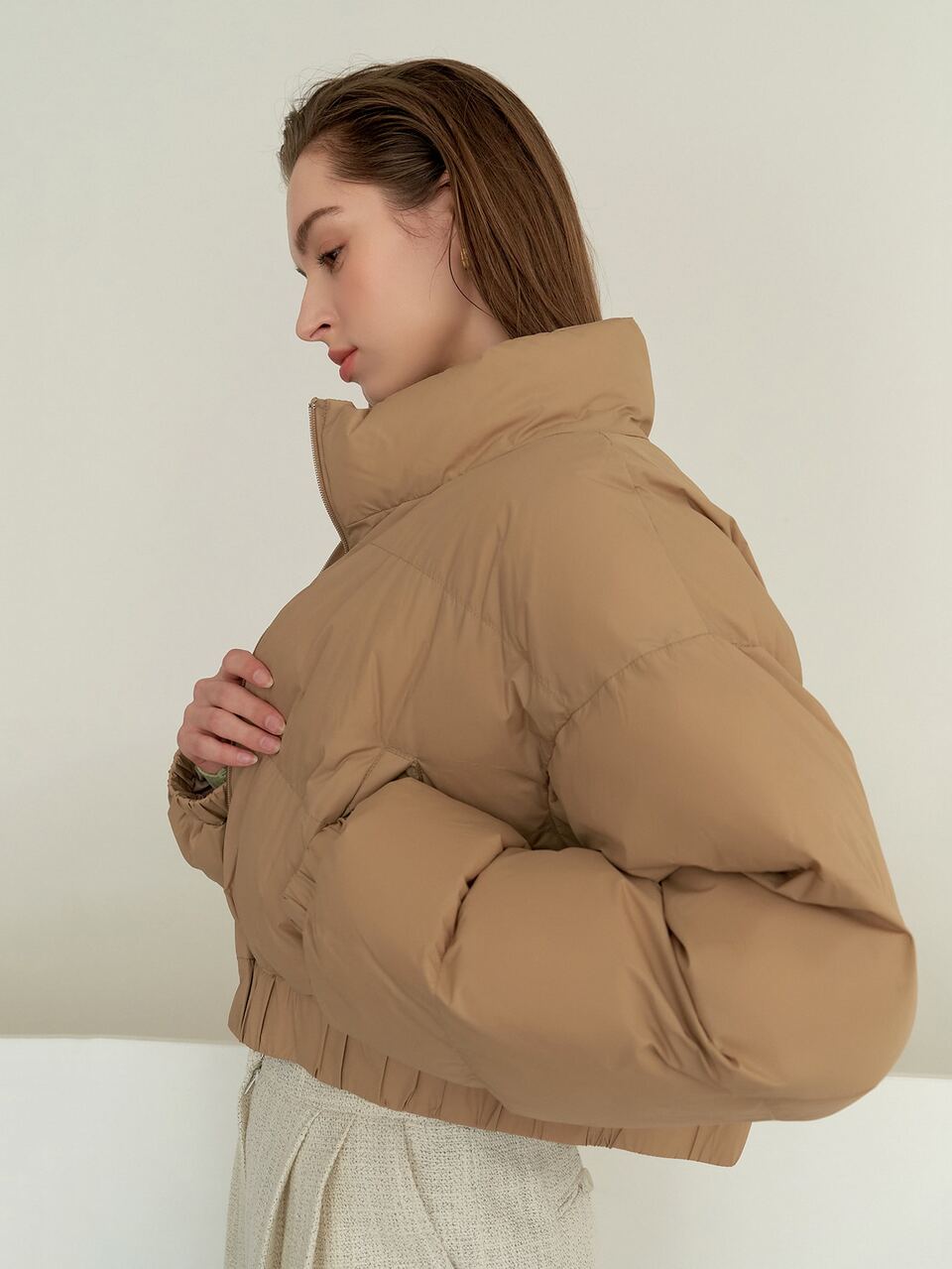 Zipper Up Elastic Hem Crop Puffer Thick Pockets Coat Jacket Winter