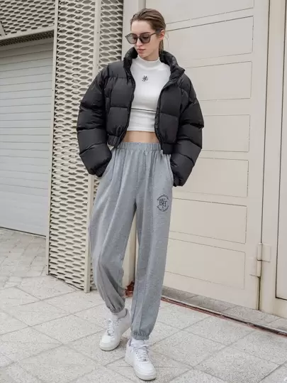 DAZY 漏斗领拉链前短款羽绒厚口袋外套，冬季女装，冬季外套女式夹克